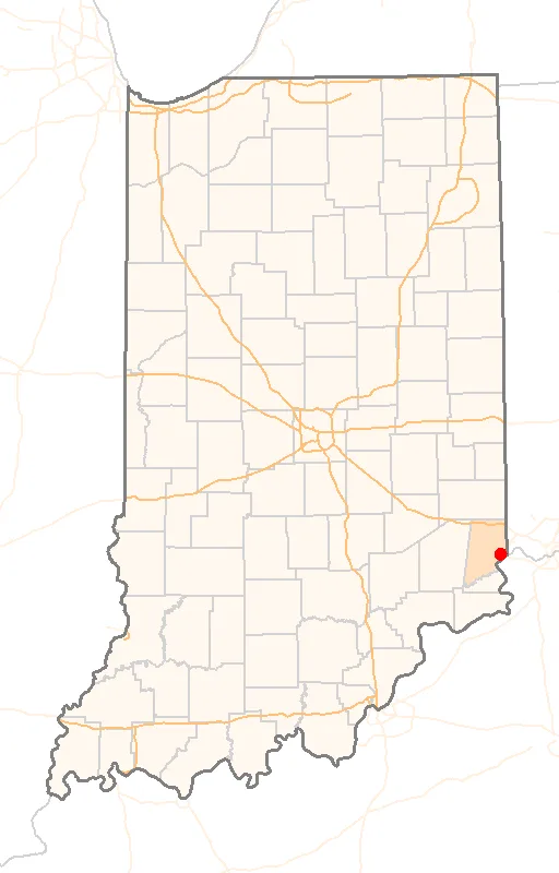 Red Dot map of Indiana, showing the location of Greendale
