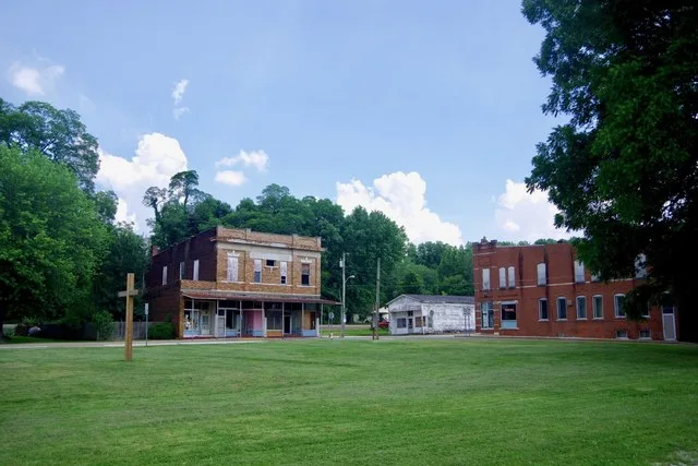 View of Hazleton, Indiana, United States, with the Independent Order of Oddfellows (IOOF) building on the left, and Town Hall on the right.