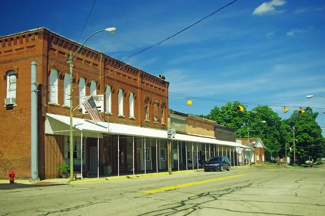 Businesses along Main Street (U.S. Route 136) in Hillsboro, Indiana, United States.
