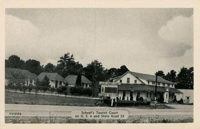 Schoof's Tourist Court on U. S. 6 and State Road 35 Date: Circa 1950 Source Type: Postcard Publisher, Printer, Photographer: Gross Distributing Service, Dexter Press (#54981) Post...