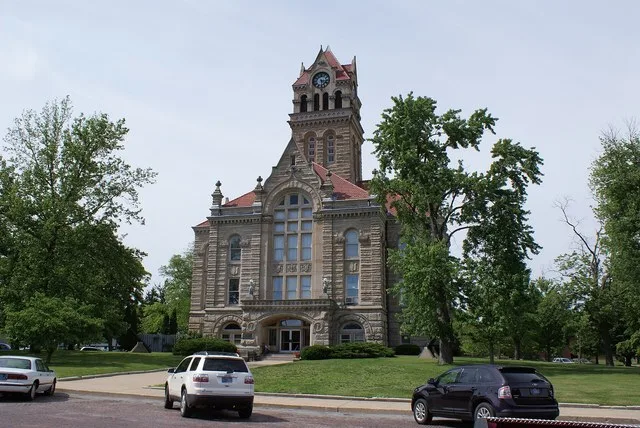 Front of the Starke County Courthouse , located on Courthouse Square in downtown Knox , Indiana , United States . Built in 1897, the courthouse is listed on the National Register...