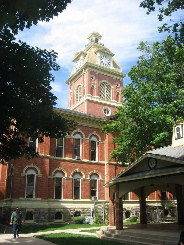 Southern front of the LaGrange County Courthouse , located on Courthouse Square in downtown LaGrange , Indiana , United States . Built in 1878, it is listed on the National Regist...