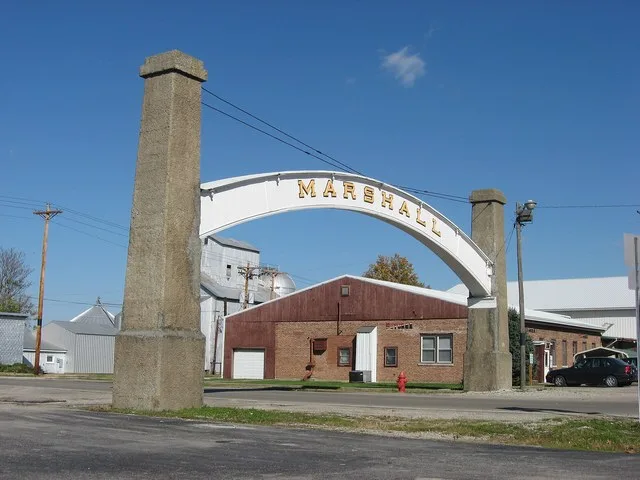 Southern side of the Arch in the Town of Marshall , which spans Main Street ( State Road 236 ) in downtown Marshall , Indiana , United States . Built in 1921, it is listed on the...