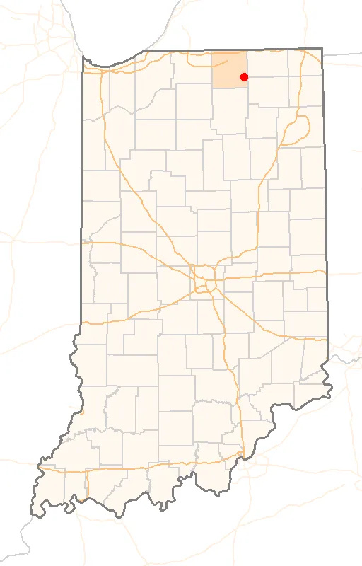 Red Dot map of Indiana, showing the location of Millersburg