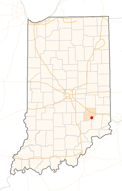 Red Dot map of Indiana, showing the location of Millhousen