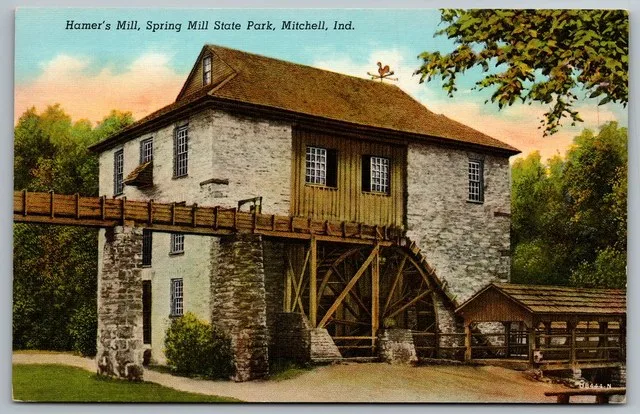 Curt Teich & Co. UB444N - Hamer's Mill, Spring Mill State Park, Mitchell, Indiana front
