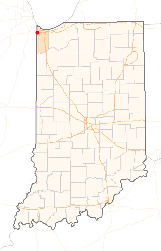Red Dot map of Indiana, showing the location of Munster