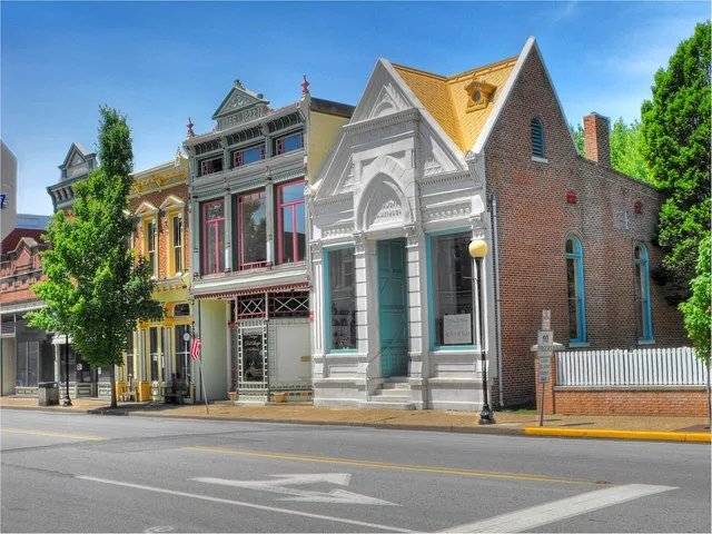 Facades in the downtown historic district of New Harmony, Indiana