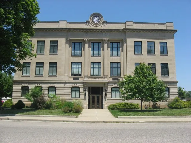 Eastern front of the Vermillion County Courthouse , located on Courthouse Square in Newport , Indiana , United States . Built in 1925, it is listed on the National Register of His...