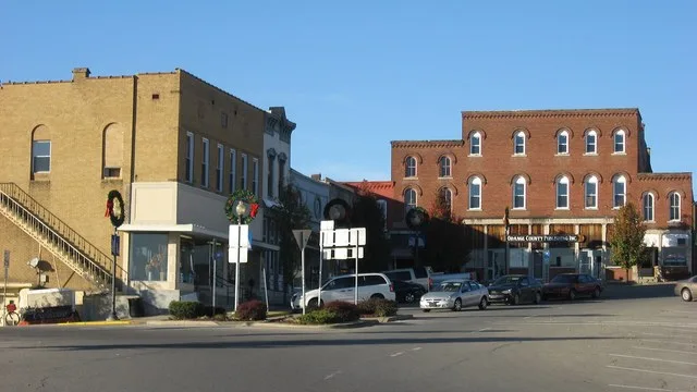 Buildings on the northwestern quadrant of the courthouse square in Paoli , Indiana , United States . These buildings are part of the Paoli Historic District , a historic district...