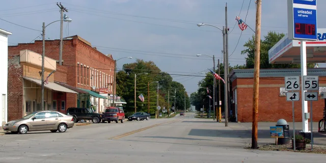 A view east along Lafayette Street in the town of Pine Village in Warren County, Indiana .