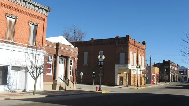 Buildings on the northern corners of the intersection of High and Union Streets in downtown Redkey , Indiana , United States . This block is part of the Redkey Historic District ...