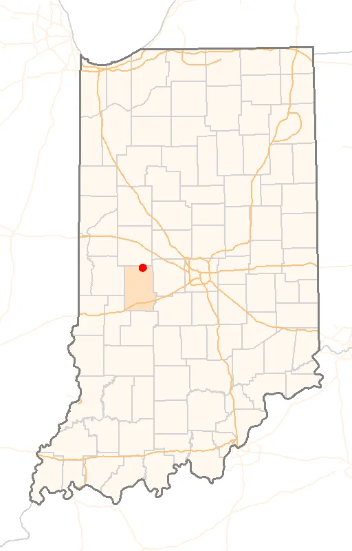 Red Dot map of Indiana, showing the location of Roachdale