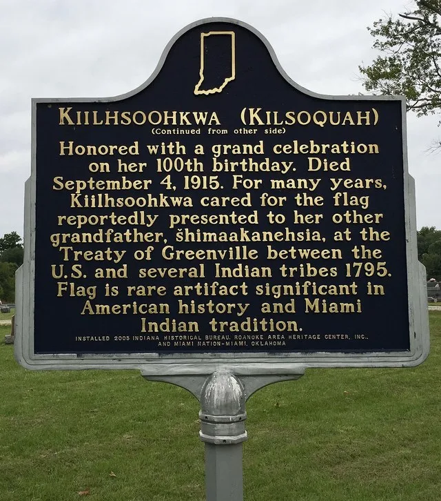 Historic sign at Glenwood Cemetery, Roanoke, Indiana memorializing and celebrating Kilsoquah's life.