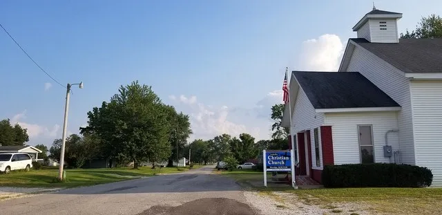 Looking up Main Street in Saltillo, Indiana . Saltillo Christian Church is visible in the foreground.