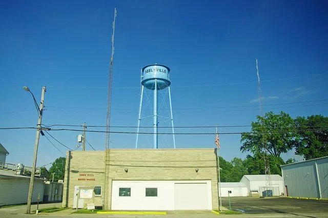 Town Hall and water tower in Seelyville, Indiana, United States