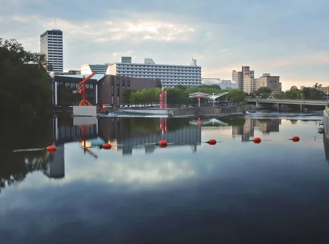A view overlooking the St Joseph River in downtown South Bend, IN in September 2022