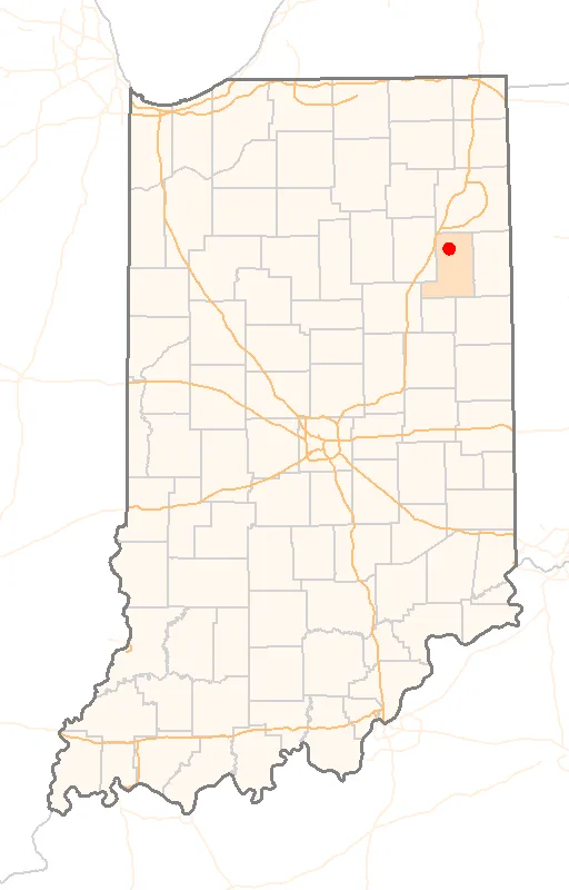 Red Dot map of Indiana, showing the location of Uniondale
