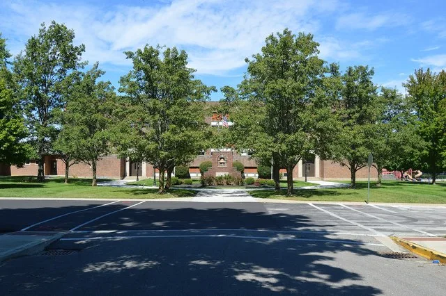 Front of the College Corner Union Elementary School, located at 230 E. Ramsey Street. Photo looks north on Stateline Road; the right half of the image is in College Corner , Ohio...