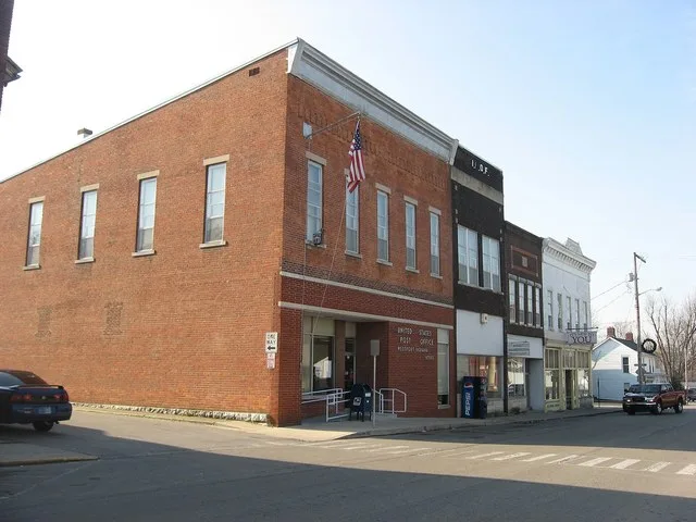 Buildings on the southern side of the 200 block of E. Main Street in Westport , Indiana , United States . The two closest buildings, which formerly housed lodges of the Knights of...