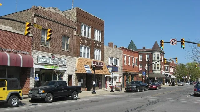 Buildings on the northern side of the 1300 block of 119th Street in Whiting , Indiana , United States . This block is part of the Whiting Commercial Historic District . Most of th...