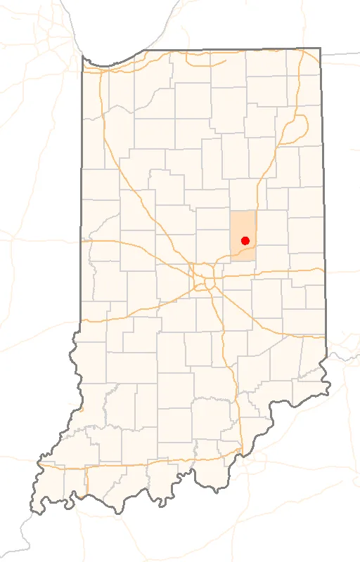 Red Dot map of Indiana, showing the location of Woodlawn_Heights