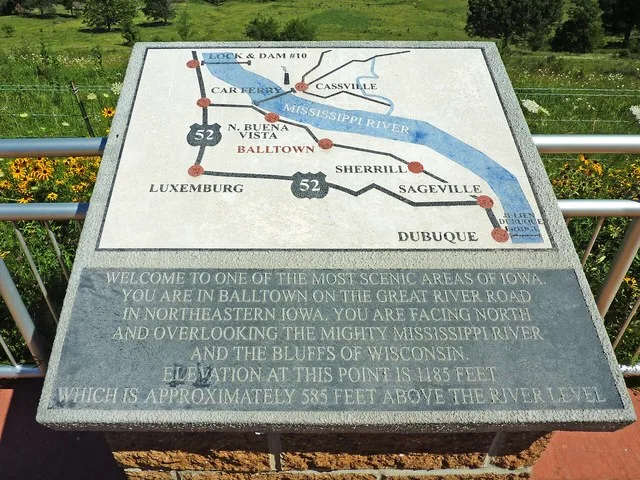 Sign at the Mississippi scenic overlook in Balltown, Iowa.