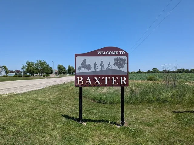 A welcome sign in Baxter, Iowa