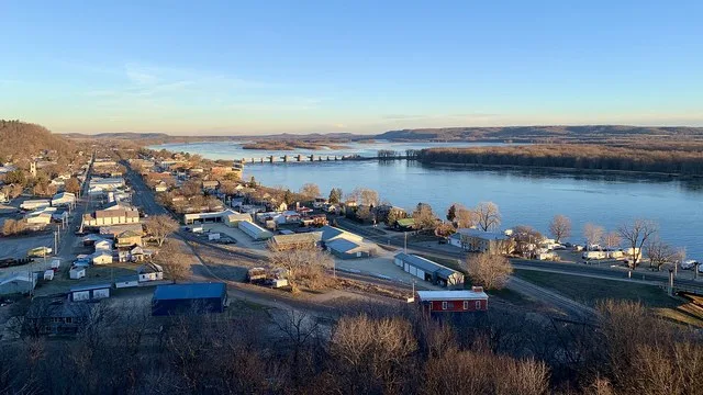 Downtown Bellevue, Lock & Dam No. 12, and the Mississippi River from the Bellevue State Park overlook.