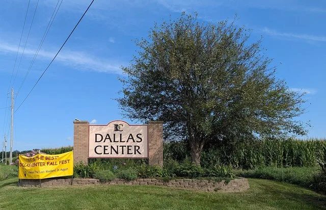 The welcome sign at the edge of Dallas Center, Iowa
