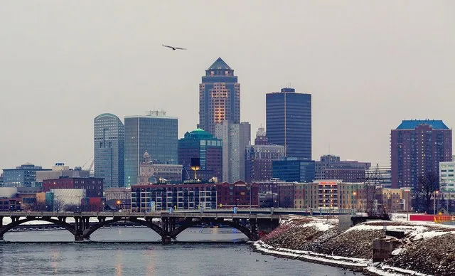 The Des Moines River leading to the Des Moines, Iowa skyline, as viewed from the SE 6th Street bridge.