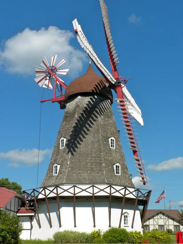 Old windmill, imported from Denmark, now in Elk Horn Iowa (at 4038 Main Street). This was rebuilt in Elk Horn - by Danish ancestry folks and others, about 1960.