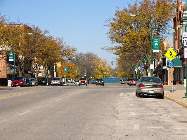 Broadway, Emmetsburg, Iowa, looking toward Five Island Lake from in front of the Courthouse.