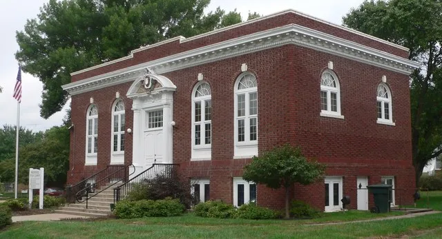Hamburg Public Library, located at 1301 Main Street (northwest corner of Main and G Streets) in Hamburg, Iowa; seen from the northeast.