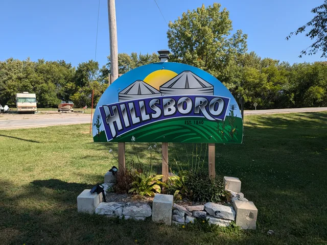 A welcome sign at the edge of Hillsboro, Iowa