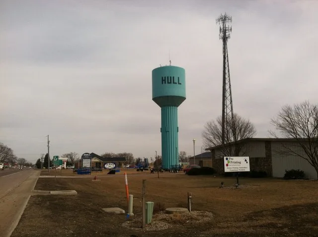 Water tower located in the Hull (Iowa) Industrial Park just off US Highway 18.