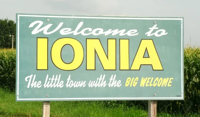 Ionia, Iowa welcome sign located on Iowa county road B57