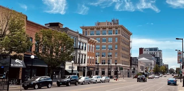 Picture of downtown Iowa City looking South down S Clinton Street. Taken June 6, 2021