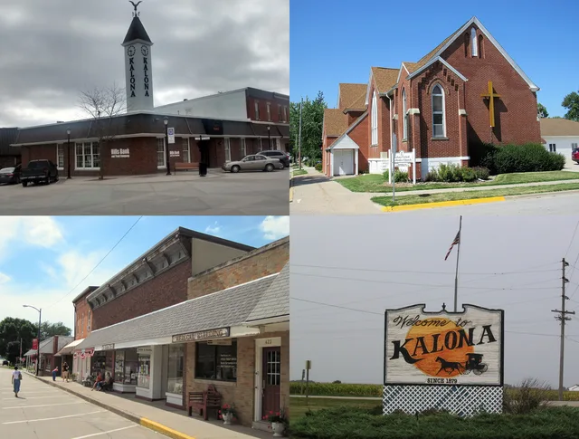 Upper left is a bank and other buildings in downtown Kalona. Upper right is the Kalona United Methodist Church. Lower left is businesses in downtown Kalona. Lower right is the Kal...