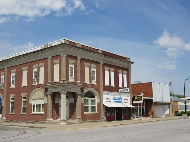 Buildings in the central business district of Keota, Iowa.