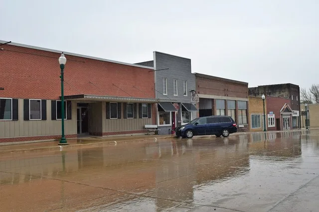 Downtown Laurens, Iowa on a rainy day.