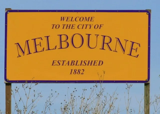 Welcome sign for Melbourne, Iowa , located along Highway 330.