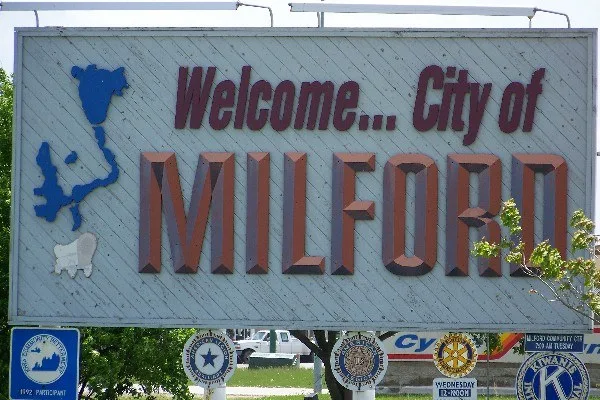 Milford welcome sign that can be seen coming into town on Highway 71 south.
