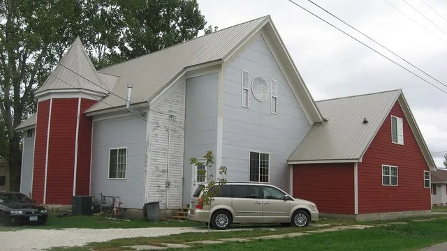View from the southwest of the former Morning Sun Reformed Presbyterian Church (now a residence), located on the northeastern corner of the junction of Blair and Southeast Third S...