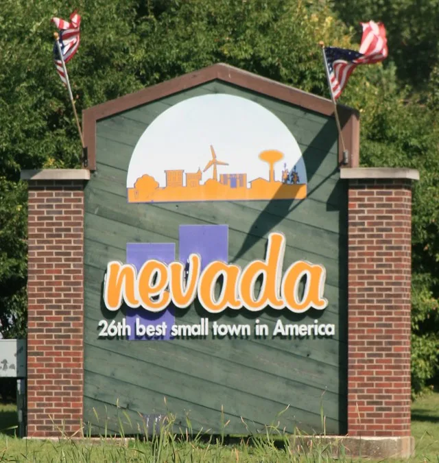 Welcome sign for Nevada, Iowa