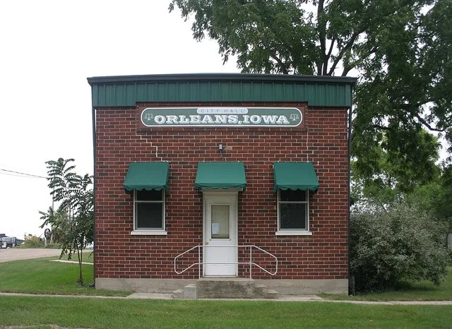Front side image of the city hall building in Orleans, Iowa