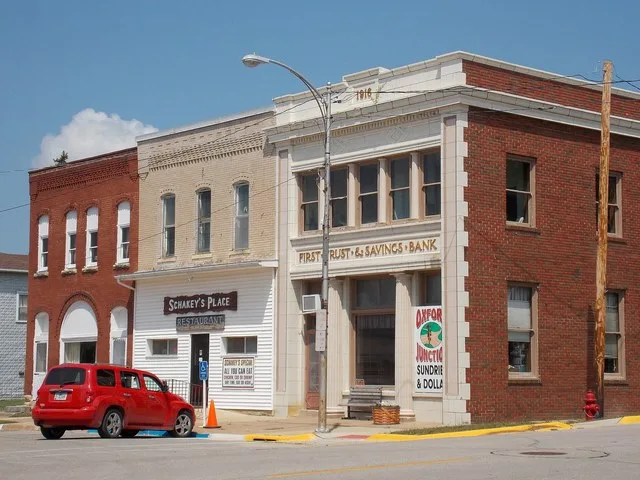 Buildings in downtown Oxford Junction, Iowa.