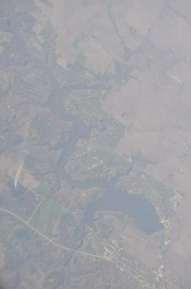Aerial photo of Lake Panorama, Iowa, USA. At lower right is part of the city of Panora.