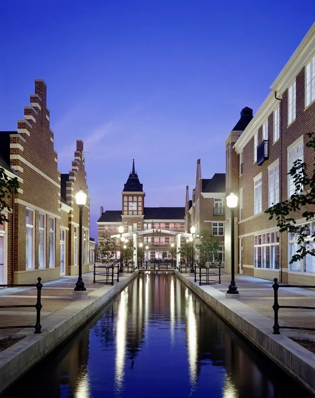Molengracht Canal Night. The buildings and gracht (canal) are Dutch colonial revival architecture.