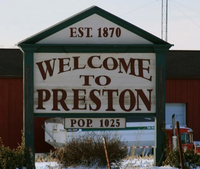 Welcome sign outside Preston, Iowa